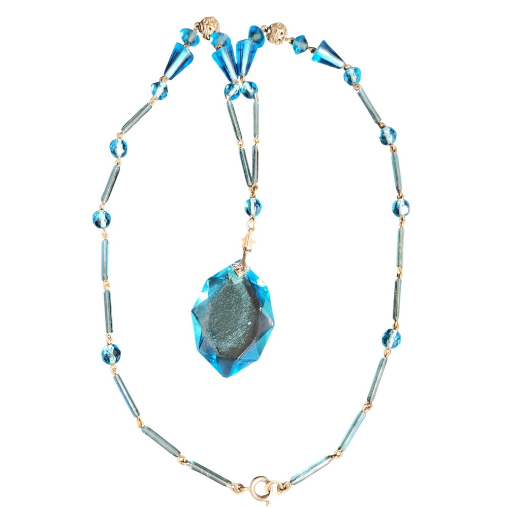 VTG Art Deco Aqua Blue Glass Bead Necklace Large Faceted Pendant 22 In READ - Picture 2 of 10